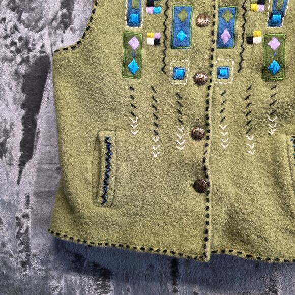 Icelandic Design Womens Wool Vest Embroidered Green Button Up Size S - Picture 5 of 14